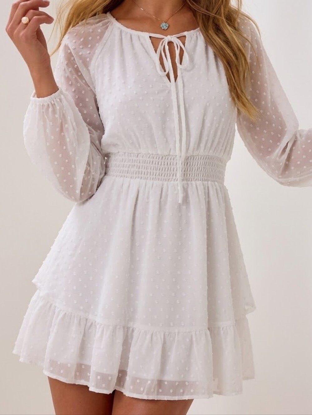 Altar'd State White Swiss Dot Long Sleeve Mini Dress Smocked Waist Small